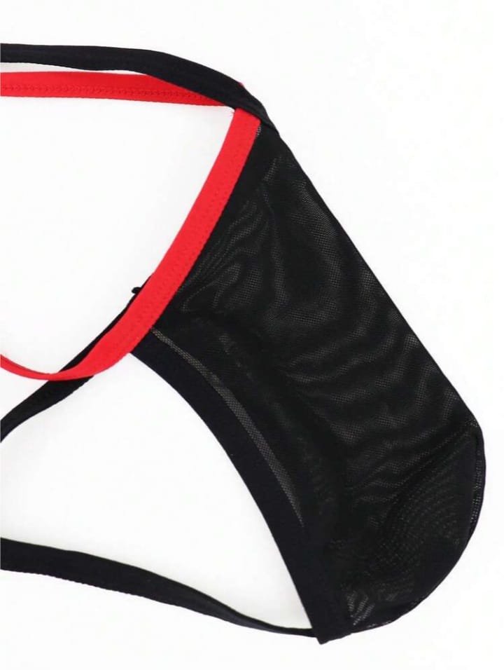 Fashionable Black Hollow Mesh Alluring Black & Red Trim Sexy Underwear For men